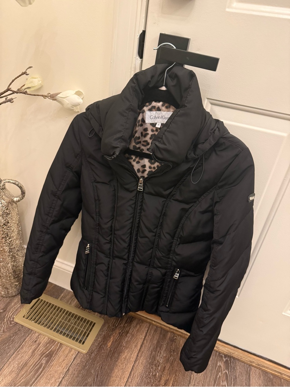 Calvin Klein Black Quilted Puffer Jacket with Leopard Lining